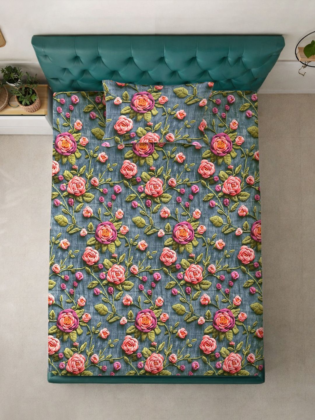 Myntra Elegant Homes Turquoise Blue Floral 300 TC Single Bedsheet with 1 Pillow Covers