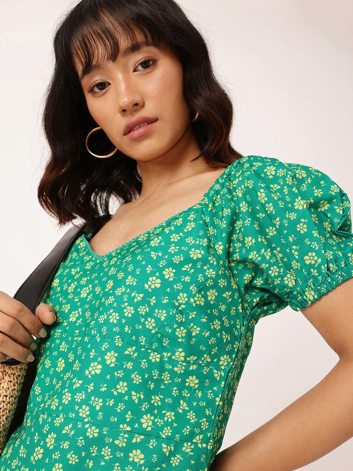 DressBerry Girlish Bloom Sweetheart Neck Puff Sleeves A-Line Dress