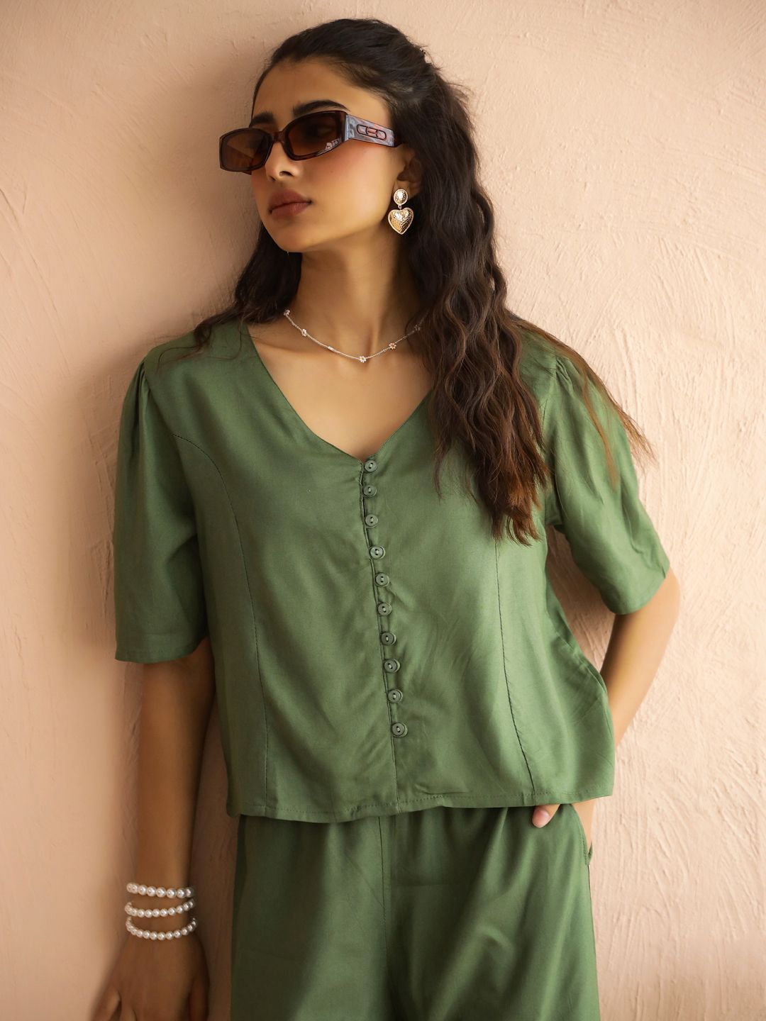 SANSKRUTIHOMES V-Neck Short Sleeve Top With Trouser Co-Ords