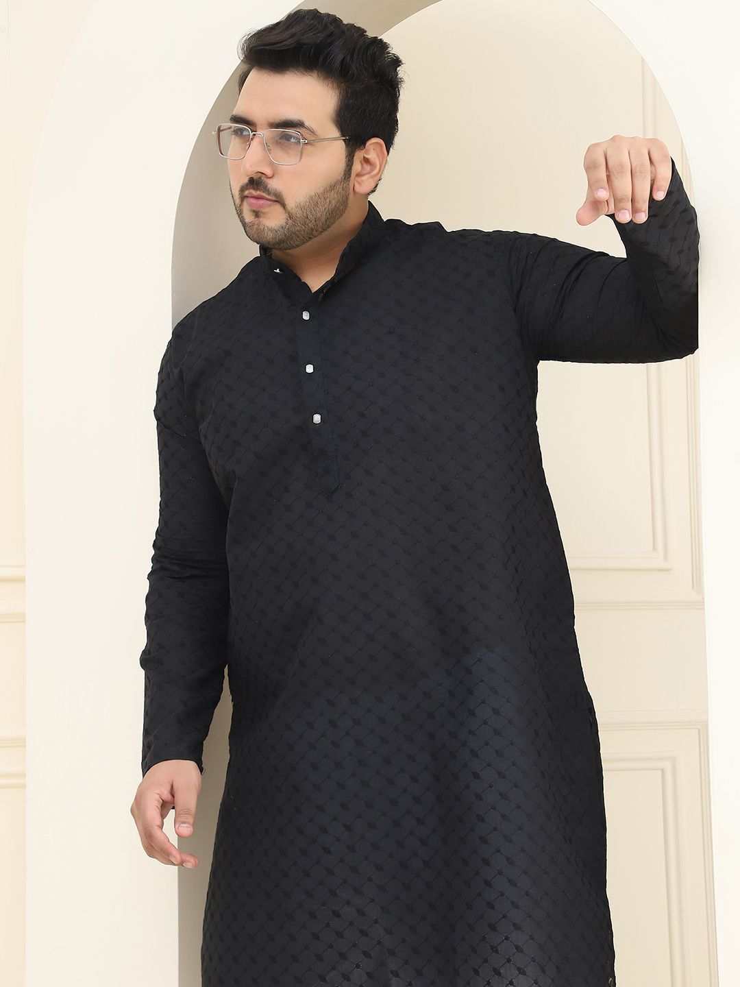 SOJANYA PLUS Thread Work Mandarin Collar Pure Cotton Straight Kurta with Pyjamas