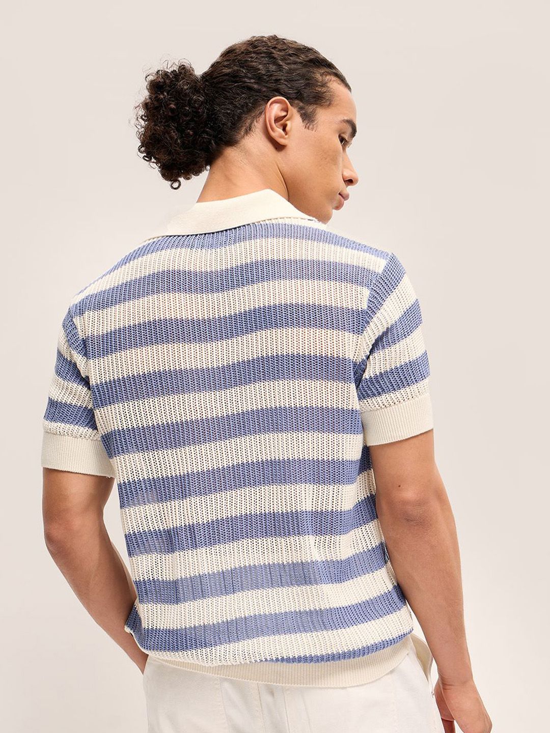 THE BEAR HOUSE Self Design Striped Relaxed Fit Polo Collar T-Shirt
