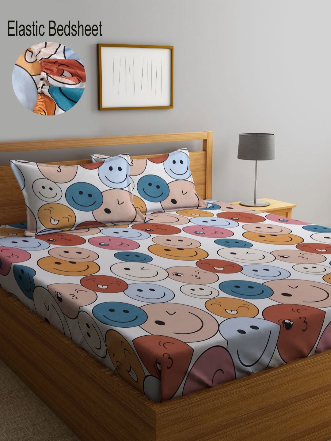 Myntra Elegant Homes Beige Conversational Cotton 300 TC Fitted King Cadar Tempat Tidur Halus dengan 2 Sarung Bantal-98 x 87 inci