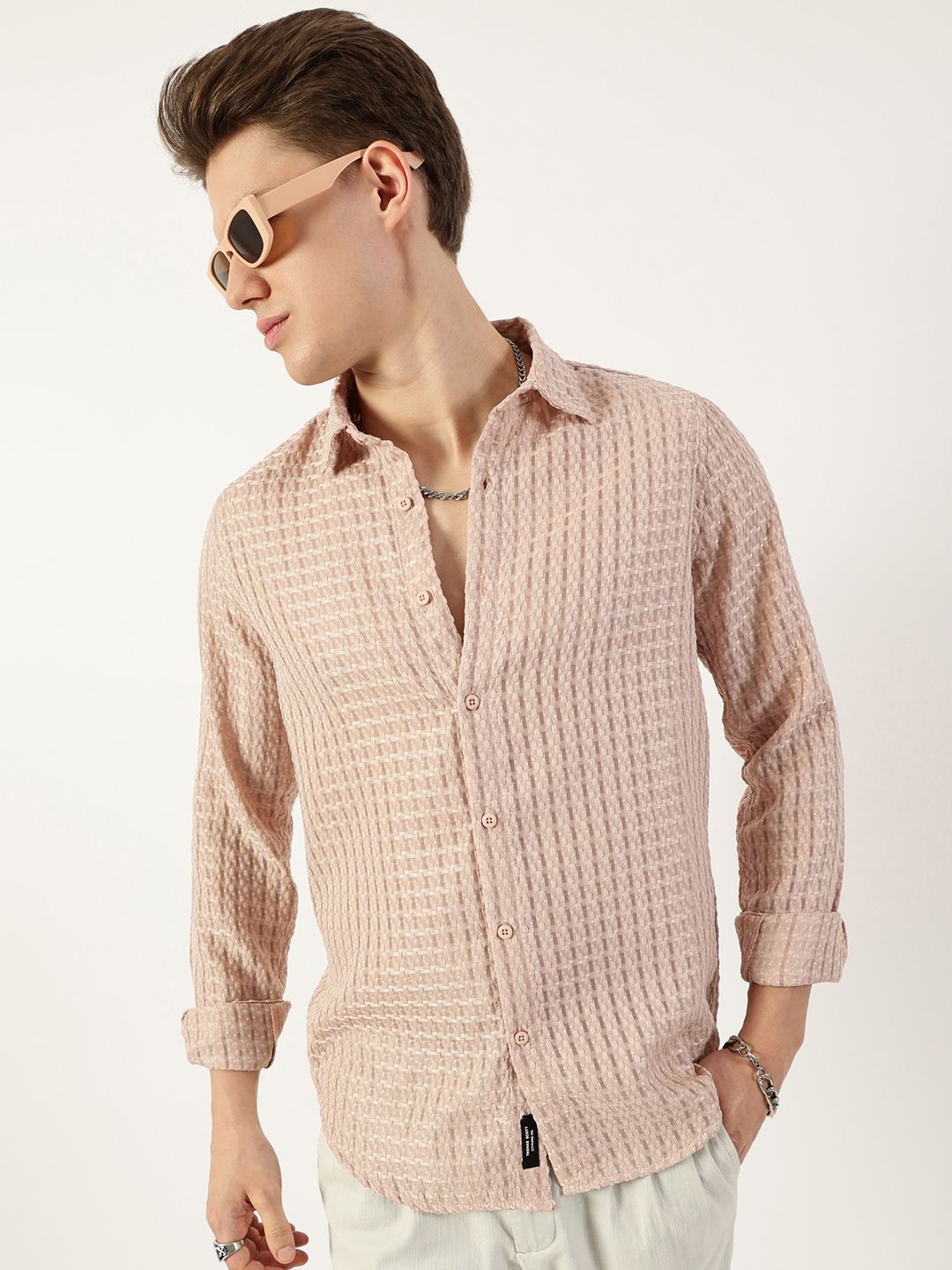 Thomas Scott Men Premium Spread Collar Textured Solid Slim Fit Casual Shirt