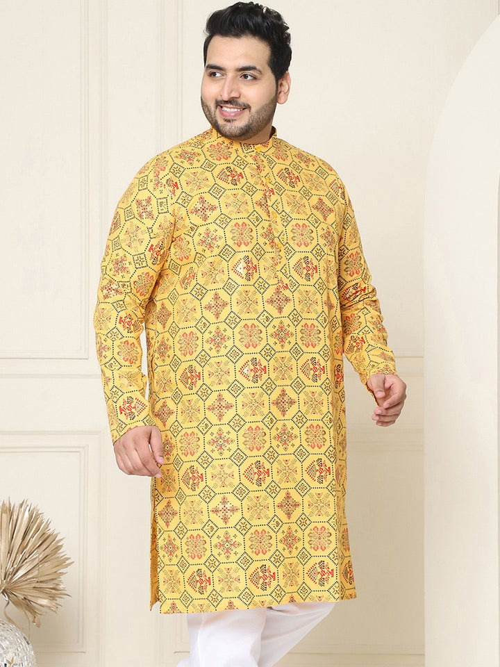 SOJANYA PLUS Ethnic Motifs Printed Band Collar Straight Cotton Linen Kurta