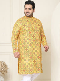SOJANYA PLUS Ethnic Motifs Printed Band Collar Straight Cotton Linen Kurta
