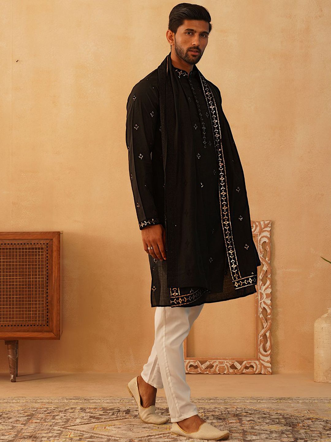 Jompers Floral Embroidered Sequinned Straight Kurta With Trousers & Dupatta