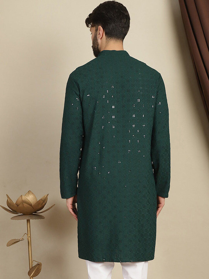 Anouk Green Geometric Sulam Kolar Mandarin Lengan Panjang Kurta Kapas Labuci
