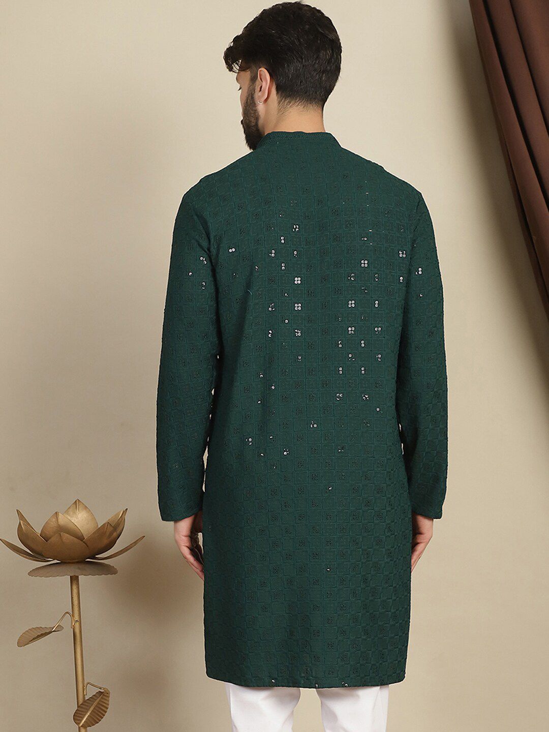 Anouk Green Geometric Sulam Kolar Mandarin Lengan Panjang Kurta Kapas Labuci