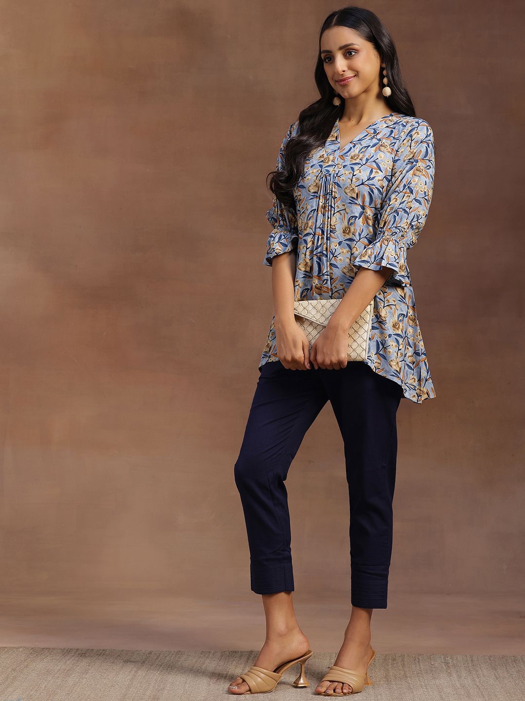 Libas Floral Printed V-Neck Pleated Kurti