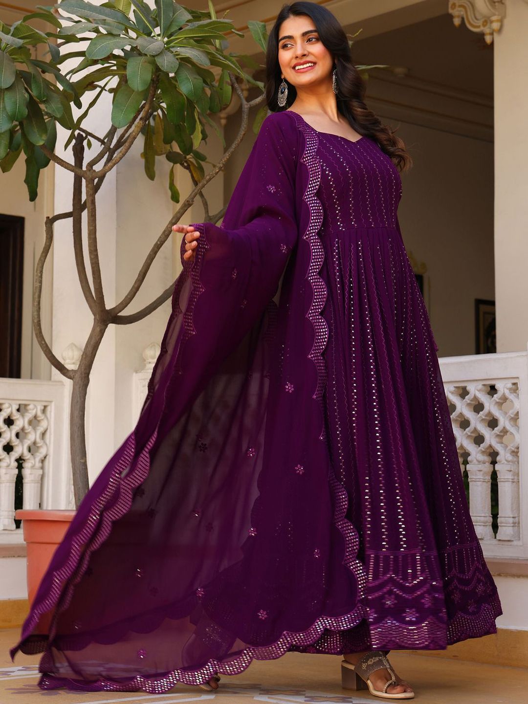 KALINI Striped Sweetheart Neck Thread Work Georgette Anarkali Kurta With Pyjamas & Dupatta