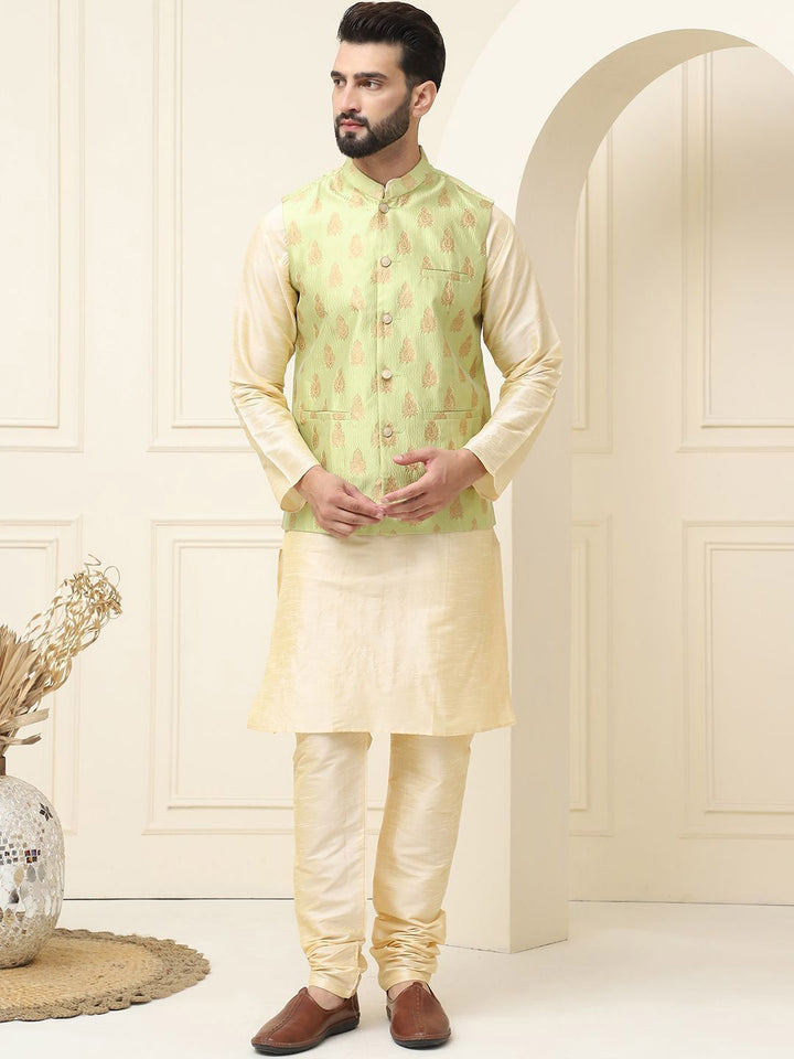 SOJANYA Mandarin Collar Zari Silk Cotton Straight Kurta with Pyjamas & Nehru jacket