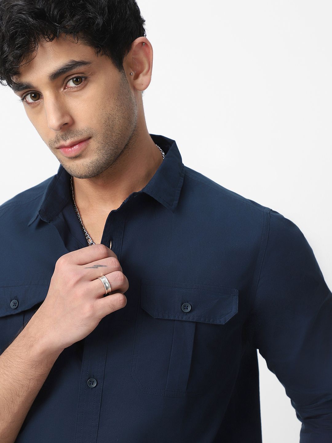Urbano Fashion Men Spread Collar Solid Cotton Casual Shirt