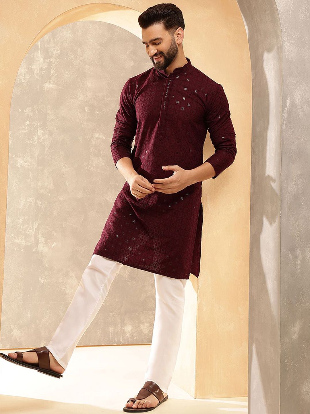 Anouk Burgundy Geometric Embroidered Sequence Mandarin Collar Straight Kurta