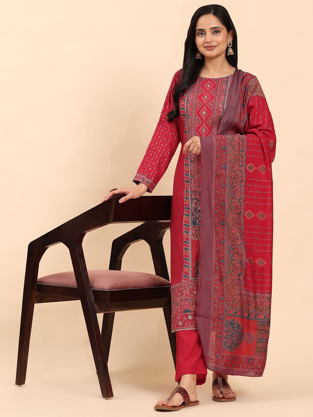 Mamicha Women Ethnic Motifs Embroidered Regular Thread Work Pure Cotton Kurta with Palazzos & With Dupatta