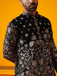 SOJANYA LUXE Kolar Mandarin Sulam Bunga Georgette Kurta Lurus Dengan Seluar
