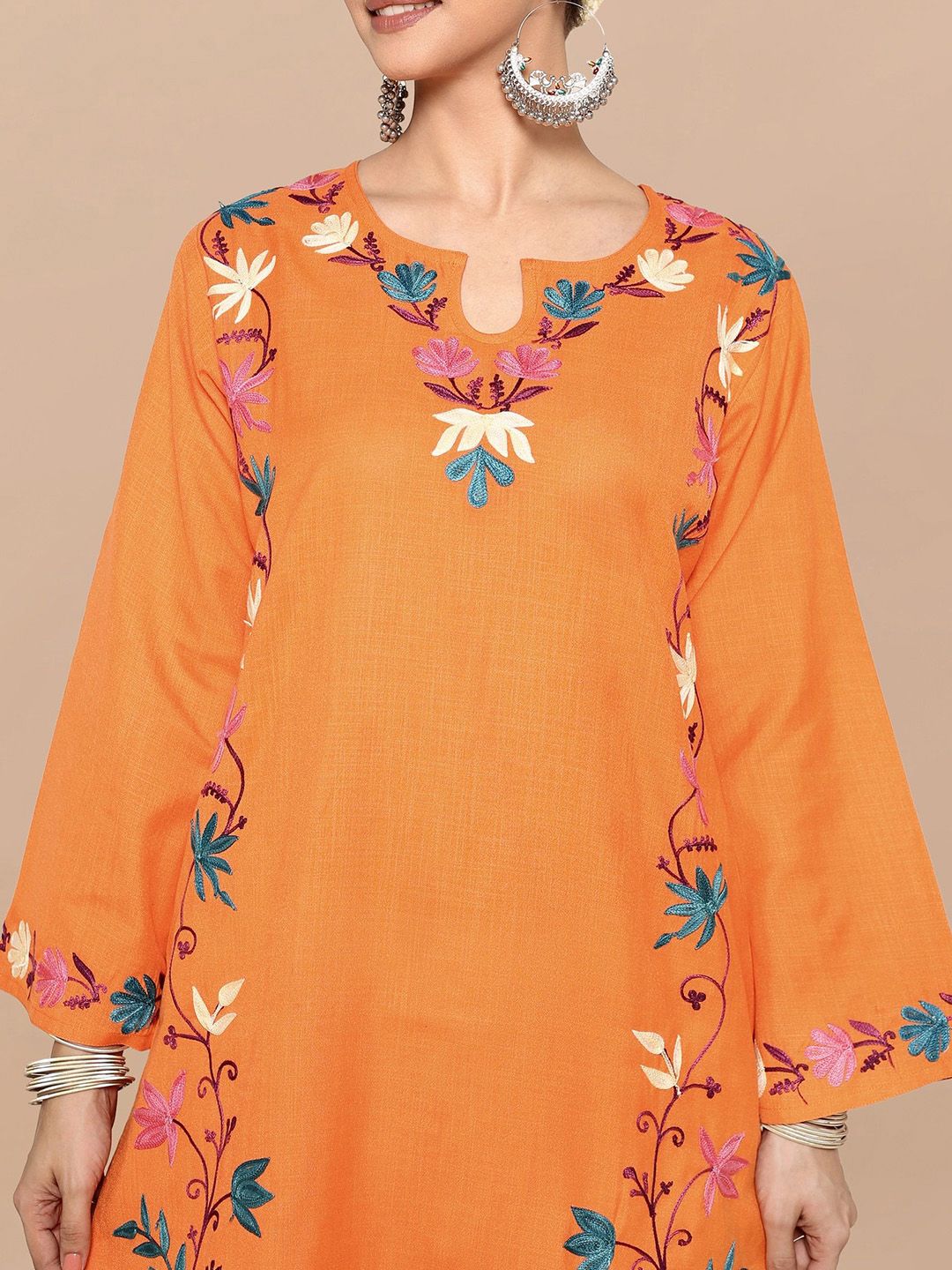 HOUSE OF KARI Falak Kashmiri Embroidered Flared Sleeves Thread Work Cotton Straight Kurta