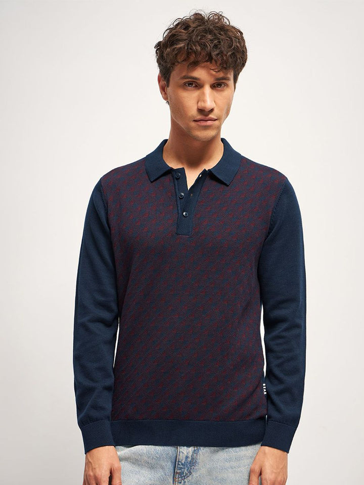THE BEAR HOUSE Men Self Design Regular Fit Polo Collar T Shirt