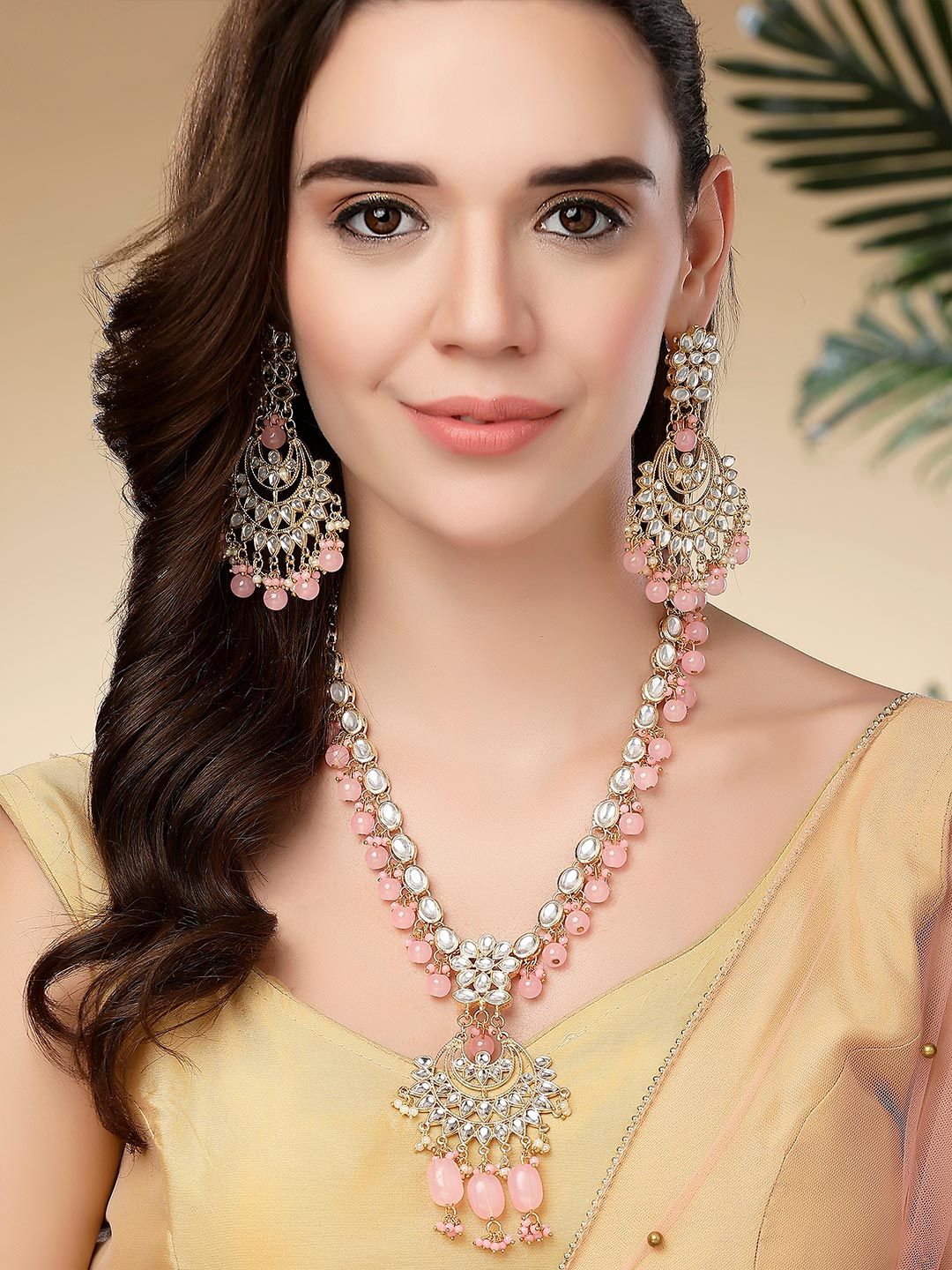 KARATCART Gold-Plated Pink & White Kundan Studded & Beaded Handcrafted Jewellery Set