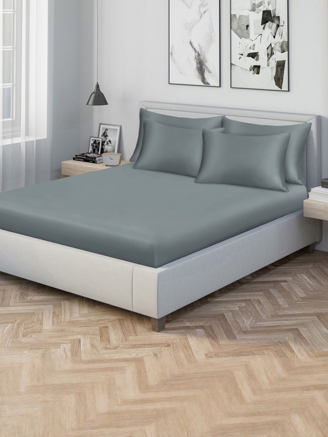 KLOTTHE Grey 300 TC Cadar Katil King dengan 4 Sarung Bantal
