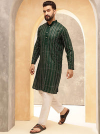 Anouk Green Geometric Sulam Jujukan Jalur Kolar Kurta Lurus