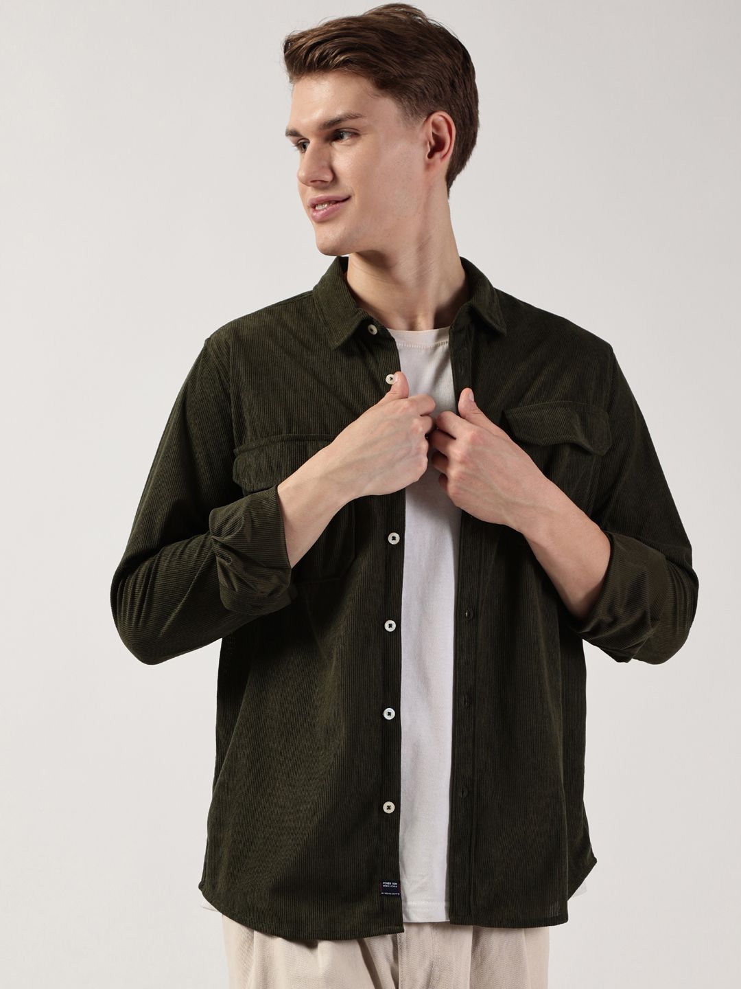 Thomas Scott Men Premium Spread Collar Solid Slim Fit Corduroy Casual Shirt