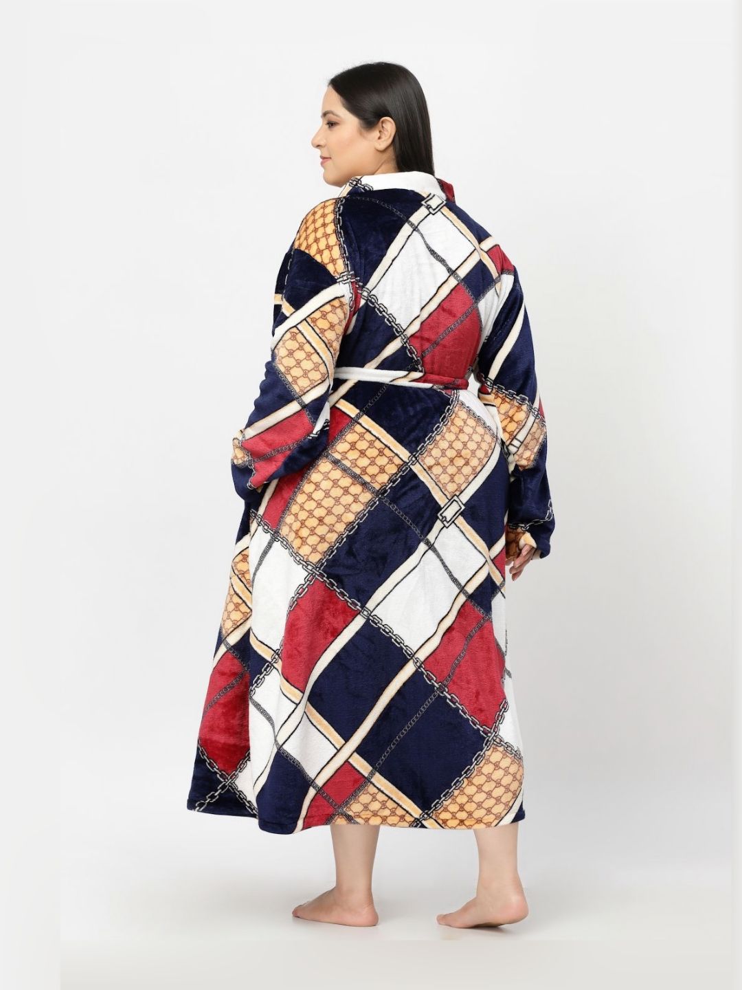 KLOTTHE Plus Size Navy Blue & White Checked Bath Robe With Belt
