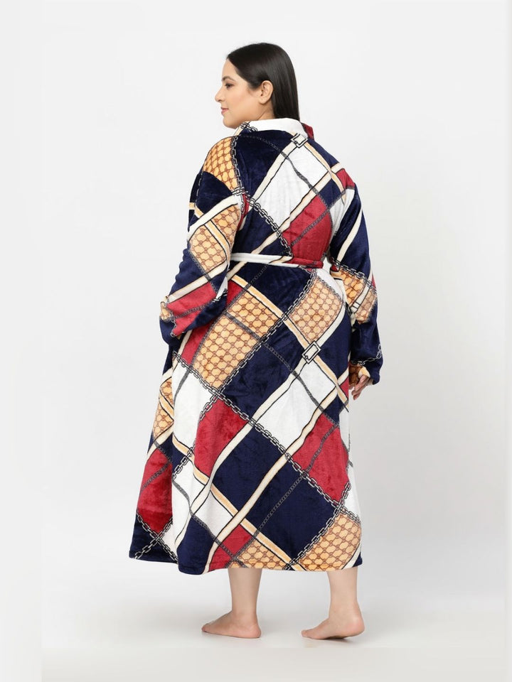 KLOTTHE Plus Size Navy Blue & White Checked Bath Robe With Belt
