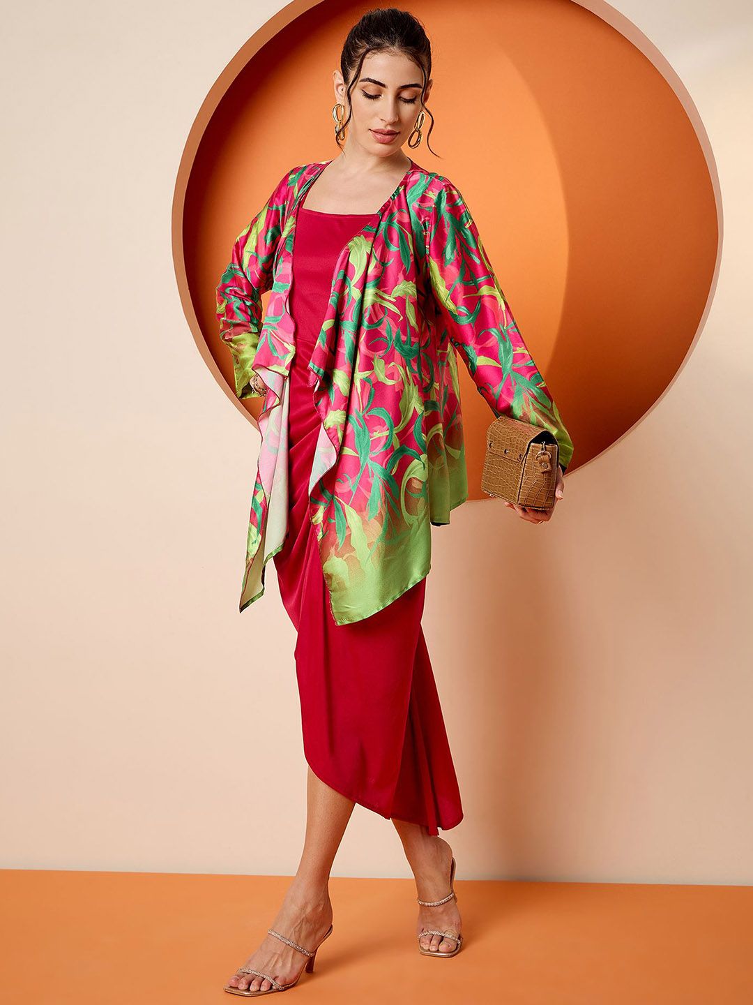 Antheaa Pink Square Neck A-Line Midi Dress With Jacket