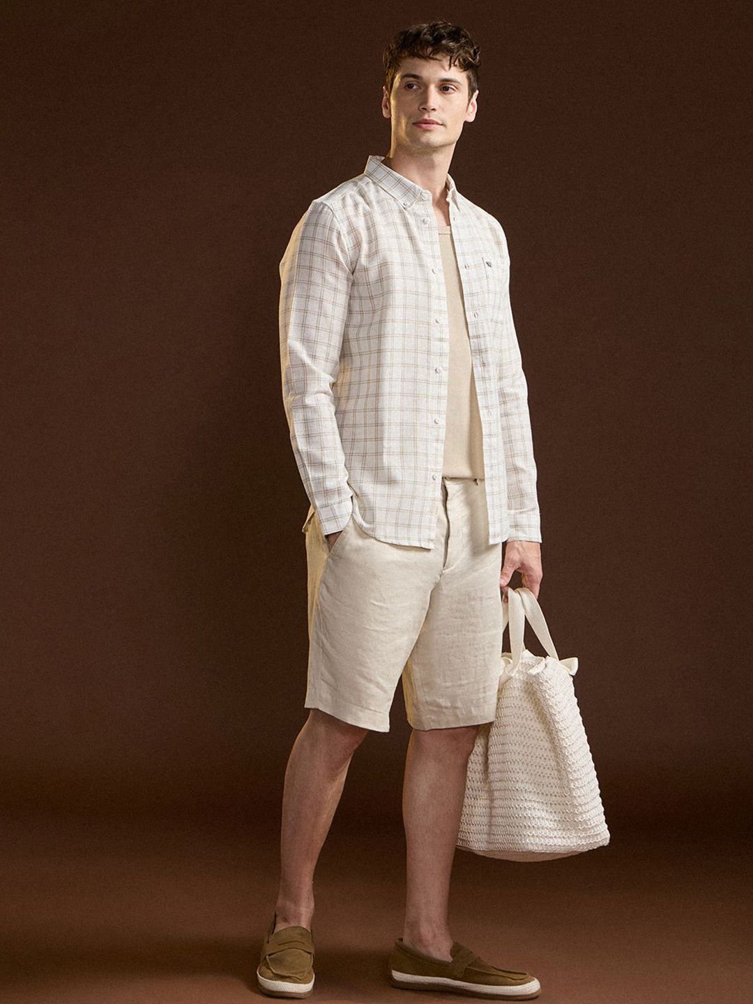 THE BEAR HOUSE Men Slim Fit Button-Down Collar Grid Tattersall Checked Cotton Casual Shirt