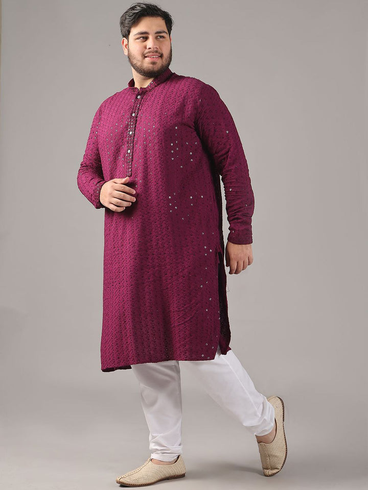 SOJANYA PLUS Plus Size Lelaki Motif Etnik Sulam Kapas Tulen Kurta Lurus & Piyama