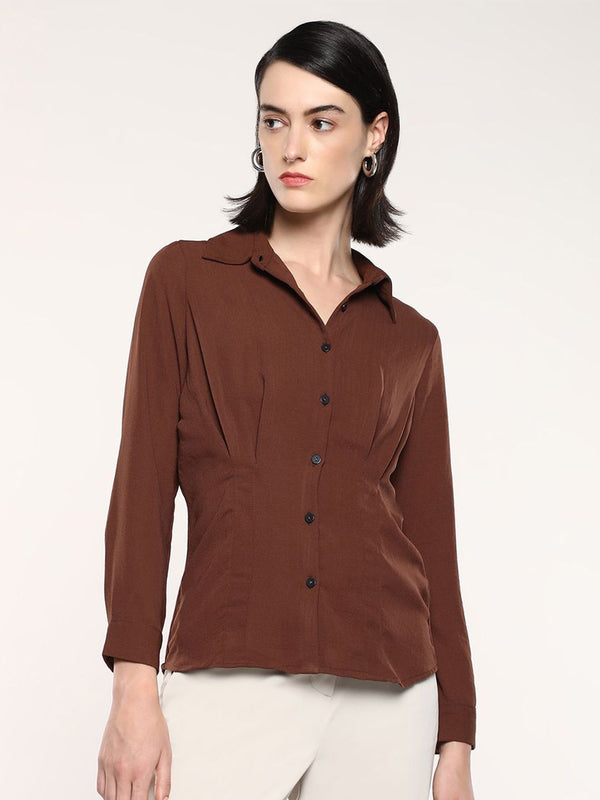 RAREISM Women Solid Shirt Collar Shirt Style Cotton Top