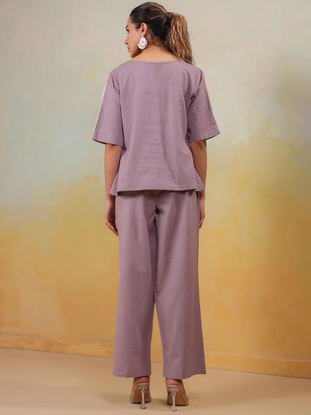 Mamicha Women Solid Round Neck Cotton Top and Trousers Co-Ords
