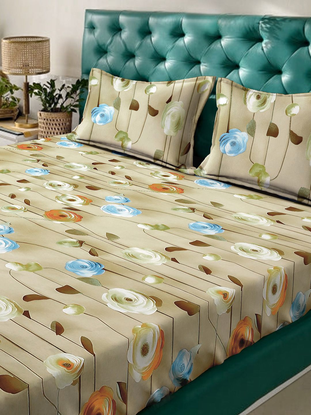 KLOTTHE Beige Floral 300TC King Superfine Cadar 7D & 2 Sarung Bantal-2.50mx2.25m