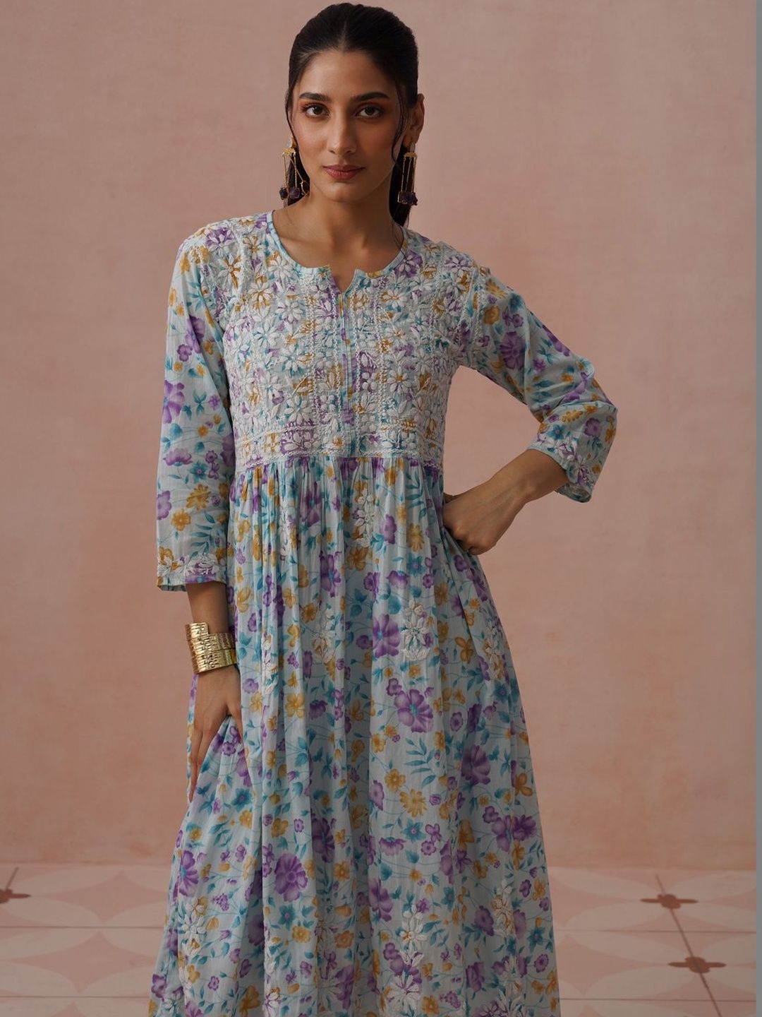 Pakaian Maxi A-Line Cetak Bunga Rumah Chikankari