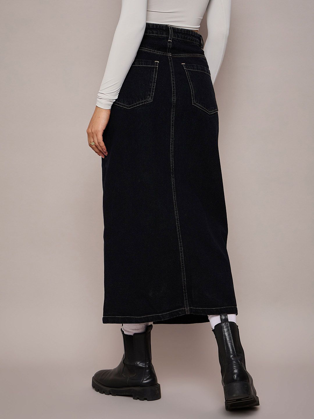 SASSAFRAS BASICS Women Denim Front-Slit A-Line Midi Skirt