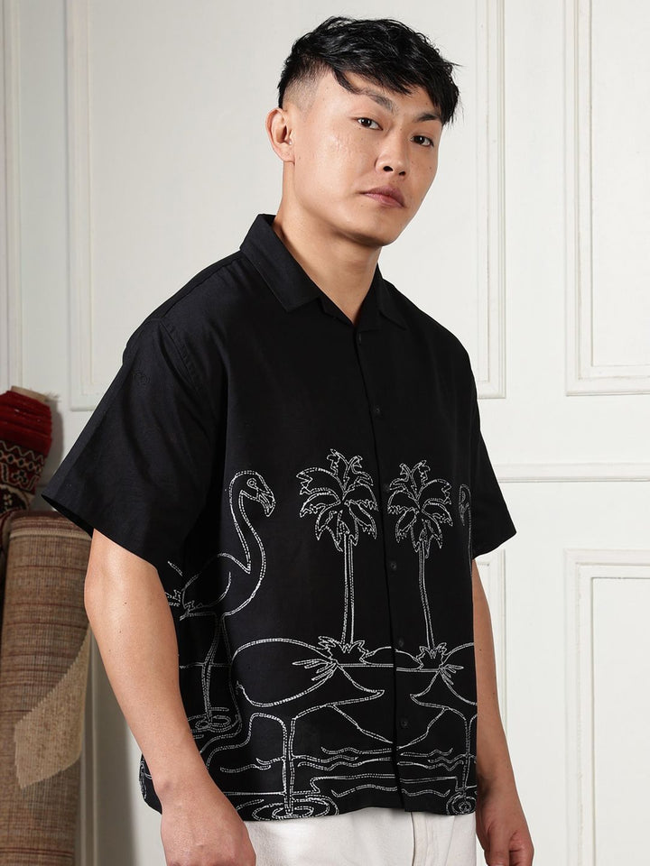Eszett Floral Printed Cuban Collar Cotton Shirt