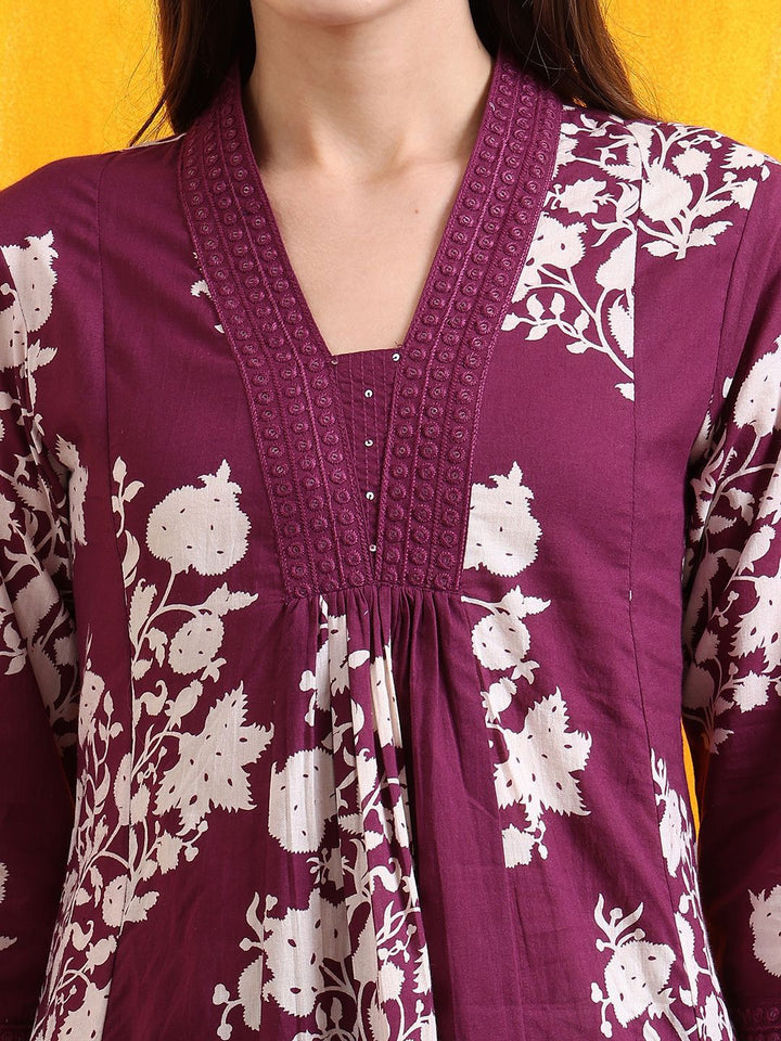 KALINI Floral Printed Pleated V-Neck Sequinned A-Line Kurta With Palazzos And Dupatta