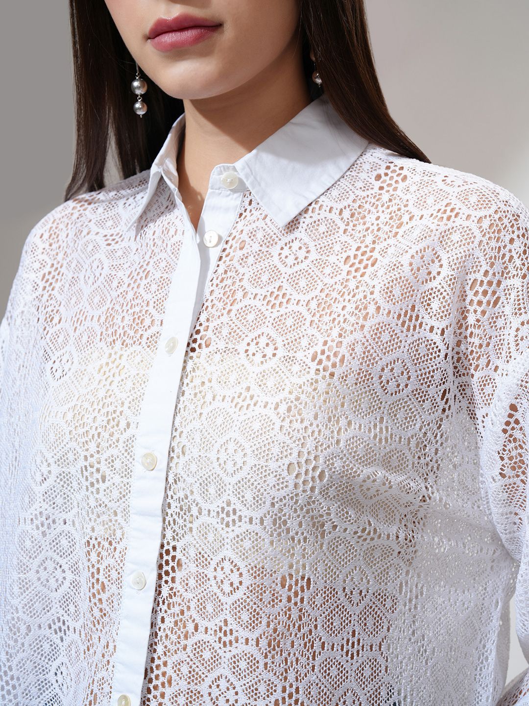 Tokyo Talkies Women Relaxed Fit Drop Shoulder Lace Shirt