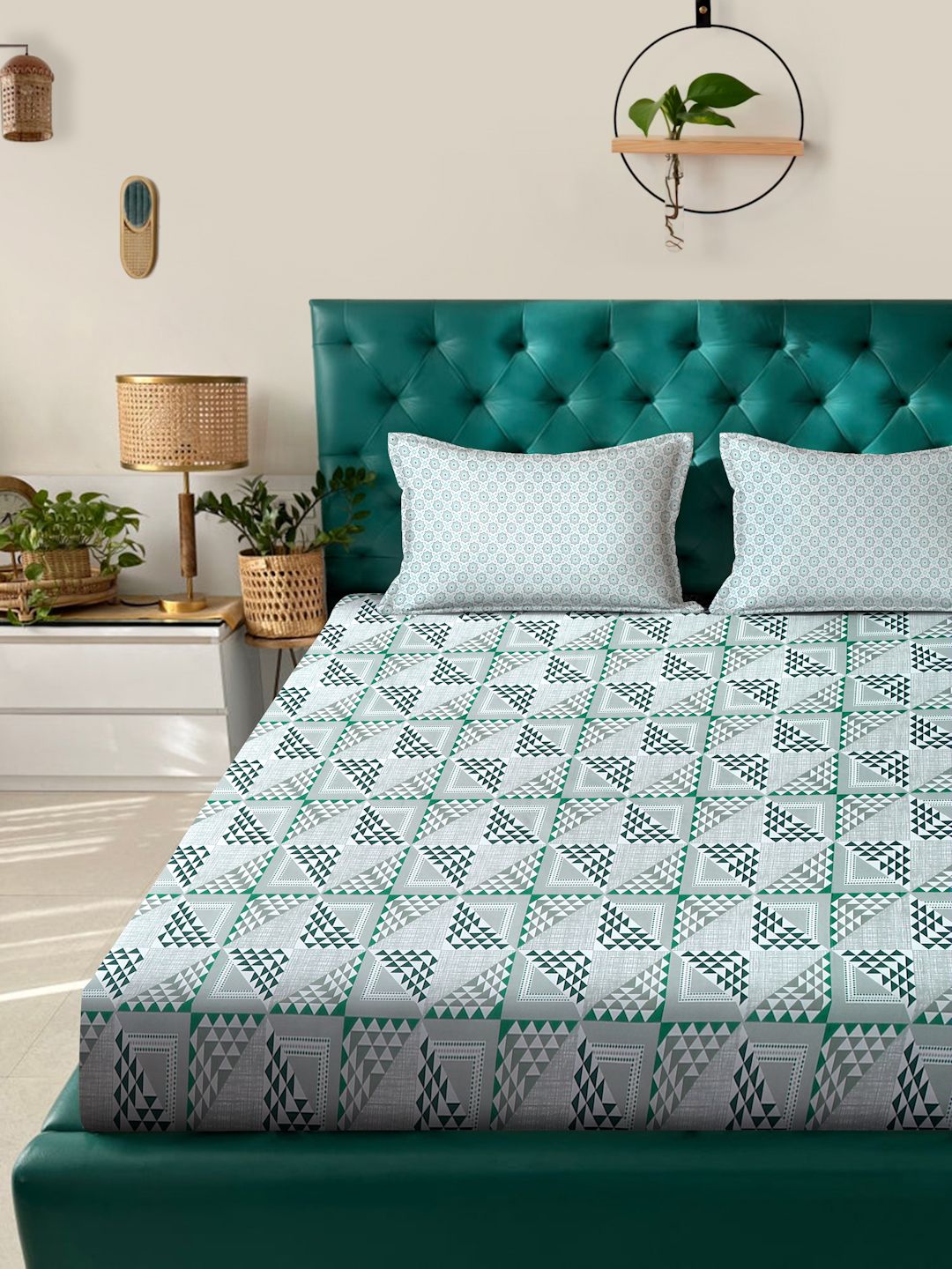 Myntra Elegant Homes Green Geometric Pure Cotton Set Cadar King 400 TC-2.5mX2.25m