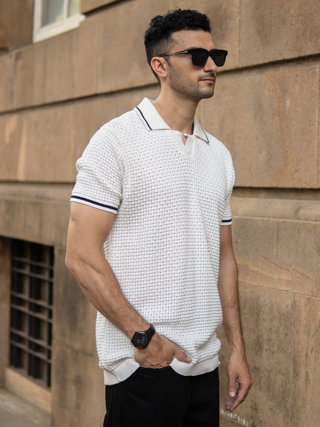Powerlook Men Self Design Polo Collar Cotton T-shirt