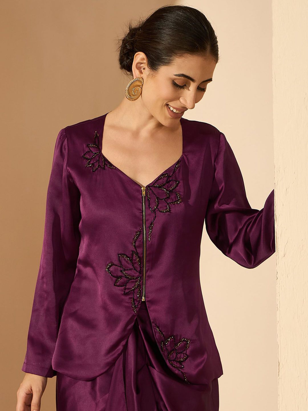Antheaa 100% Satin Embellished Square Neck Top with Skirt