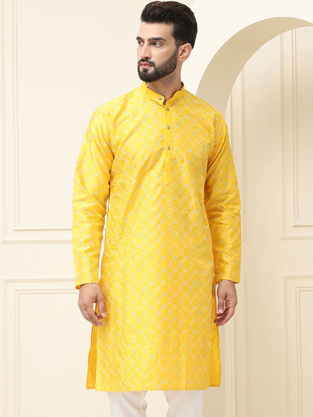 SOJANYA Geometric Embroidered Band Collar Long Sleeves Silk Straight Kurta