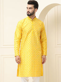 SOJANYA Geometric Embroidered Band Collar Long Sleeves Silk Straight Kurta