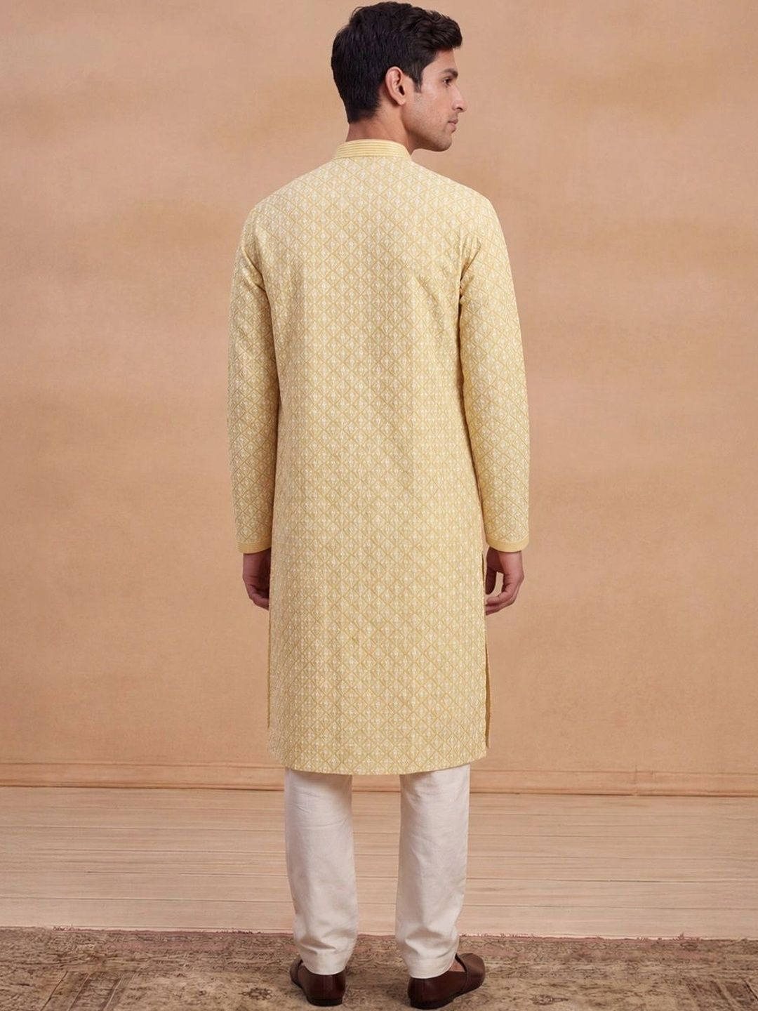 House of Chikankari Lelaki Rekaan Tenun Kurta Kapas Kolar Mandarin
