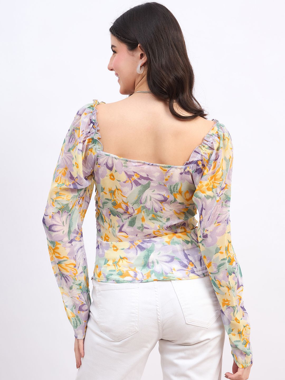 Berrylush Floral Print Sweetheart Neck Puff Sleeve Georgette Top