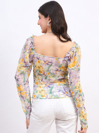 Berrylush Floral Print Sweetheart Neck Puff Sleeve Georgette Top
