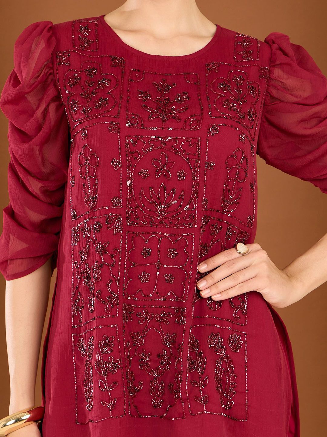 Antheaa Embellished Round Neck Top With Palazzo