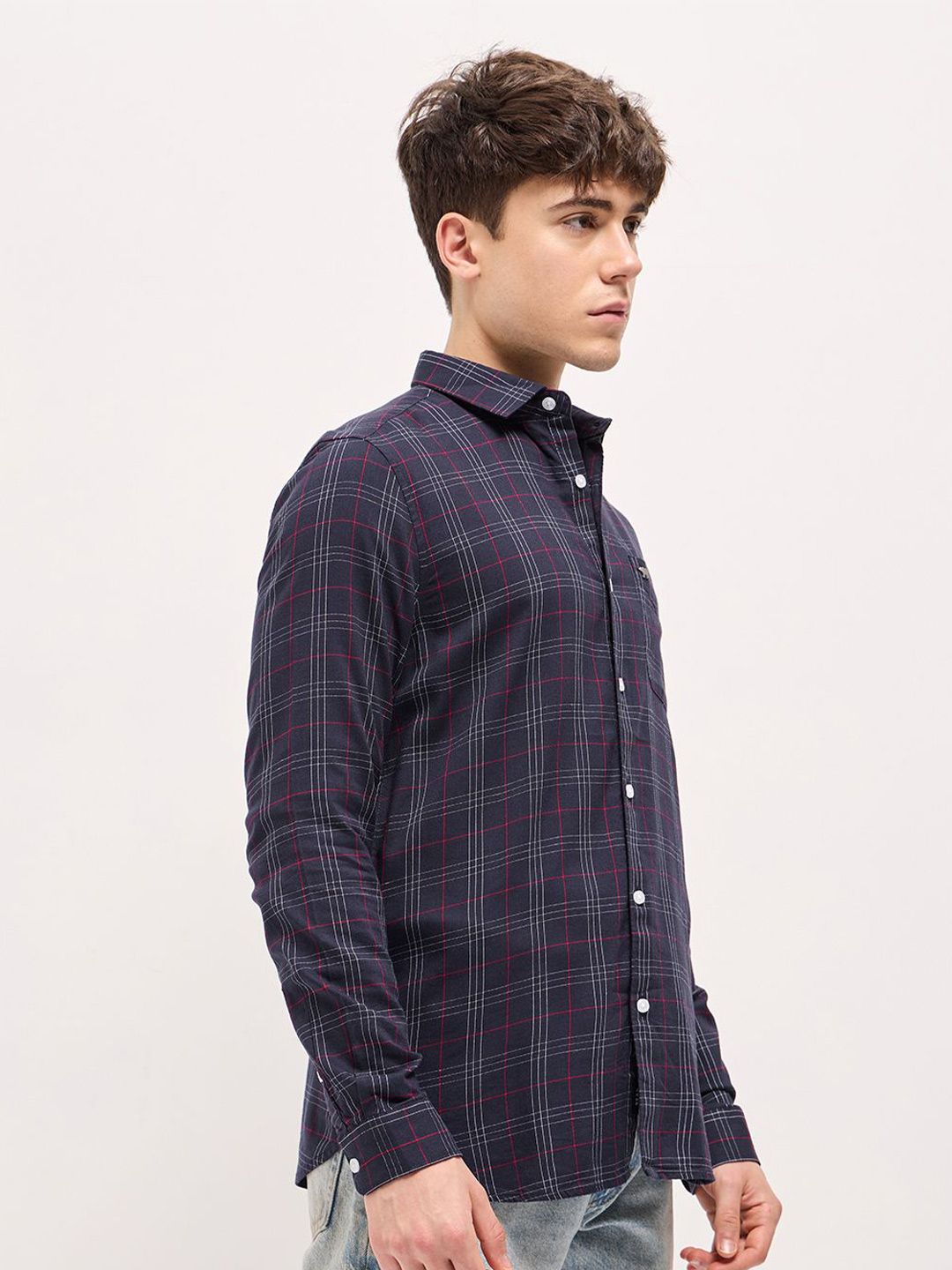 THE BEAR HOUSE Men Spread Collar Tartan Checked Slim Fit Shirt