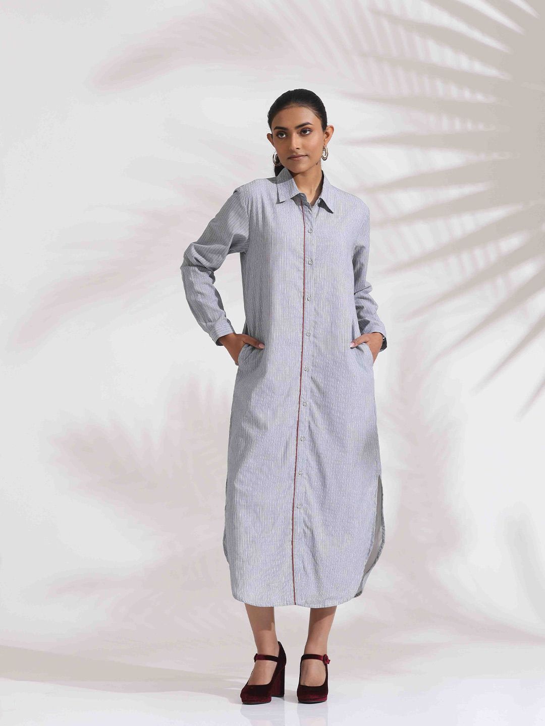 trueBrowns Women Grey Stripe Cotton Shirt Dress