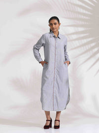 trueBrowns Women Grey Stripe Cotton Shirt Dress